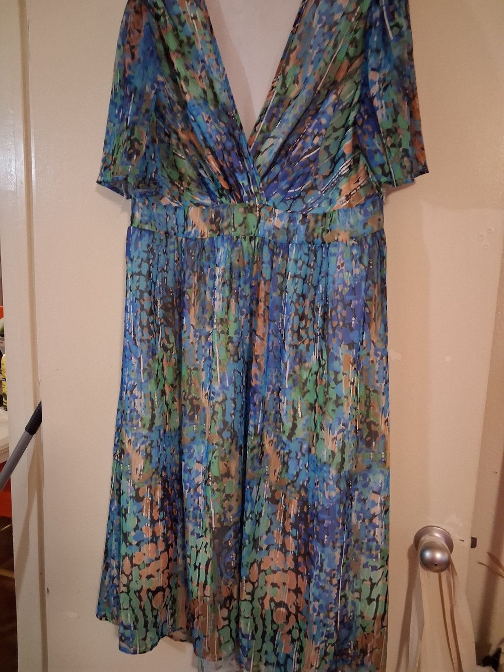 Blue Green Printed V-Neck Women’s Dress